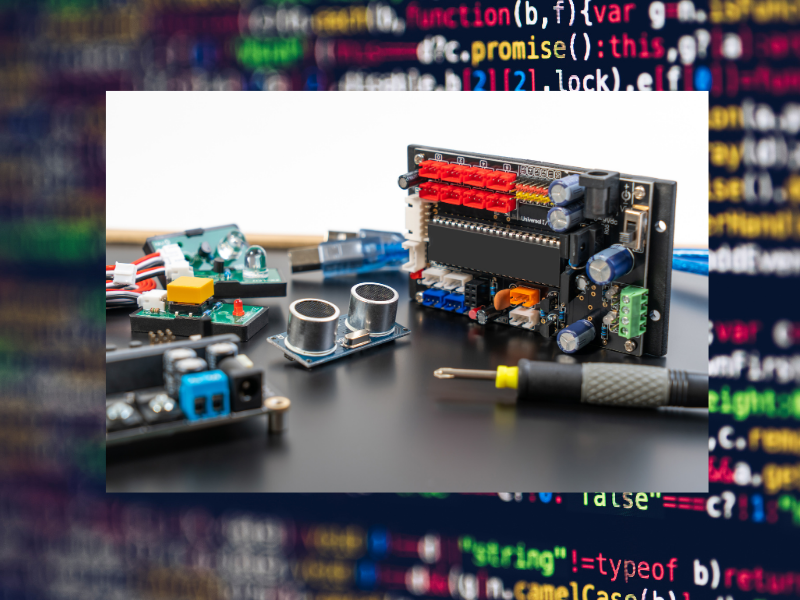Collection of microcontroller boards including Arduino and ESP32 with programming code in the background, representing different microcontroller programming types and development environments.