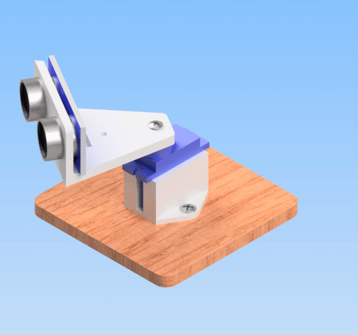 A 3D-rendered model of a DIY Arduino radar setup on a wooden base.