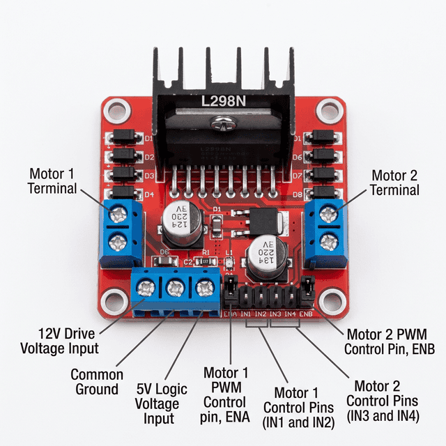 L298N motor driver module pinout diagram showing motor terminals, power inputs, and control pins for Arduino projects.