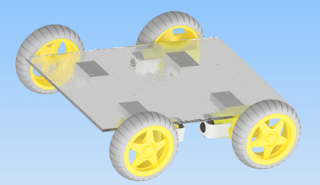 "3D rendering of a mobile robot chassis with four yellow wheels and a flat, square base. The wheels are connected to the base, showing the initial assembly stage of the robot.