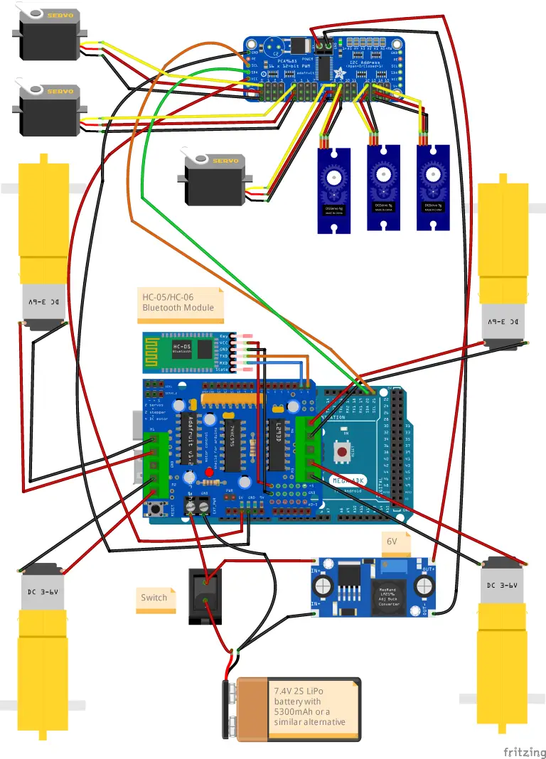 OmObiArm Wiring Diagram: Bluetooth-controlled robotic arm and mobile robot powered by Arduino with detailed circuit connections.