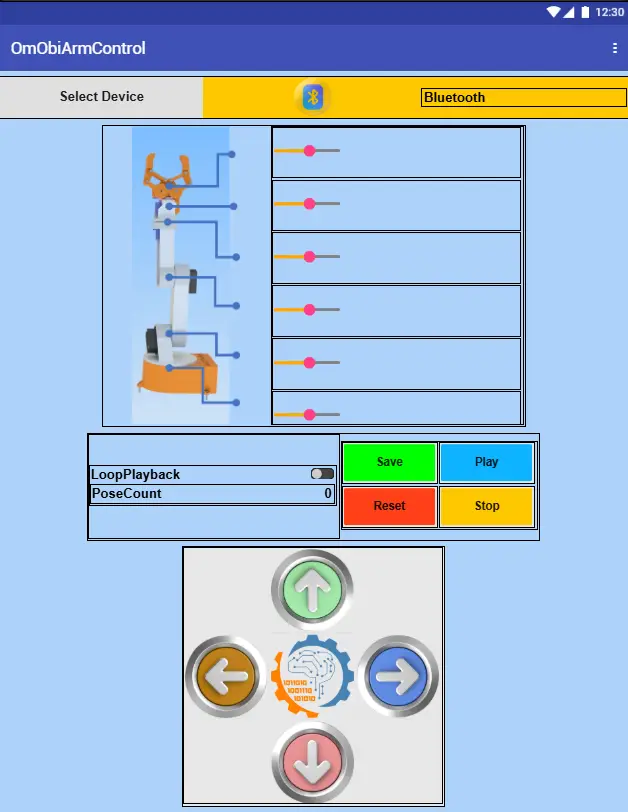 Screenshot of the OmObiArmControl app interface showcasing Bluetooth connection, sliders for robotic arm control, pose-saving buttons, and directional controls for mobile movement.