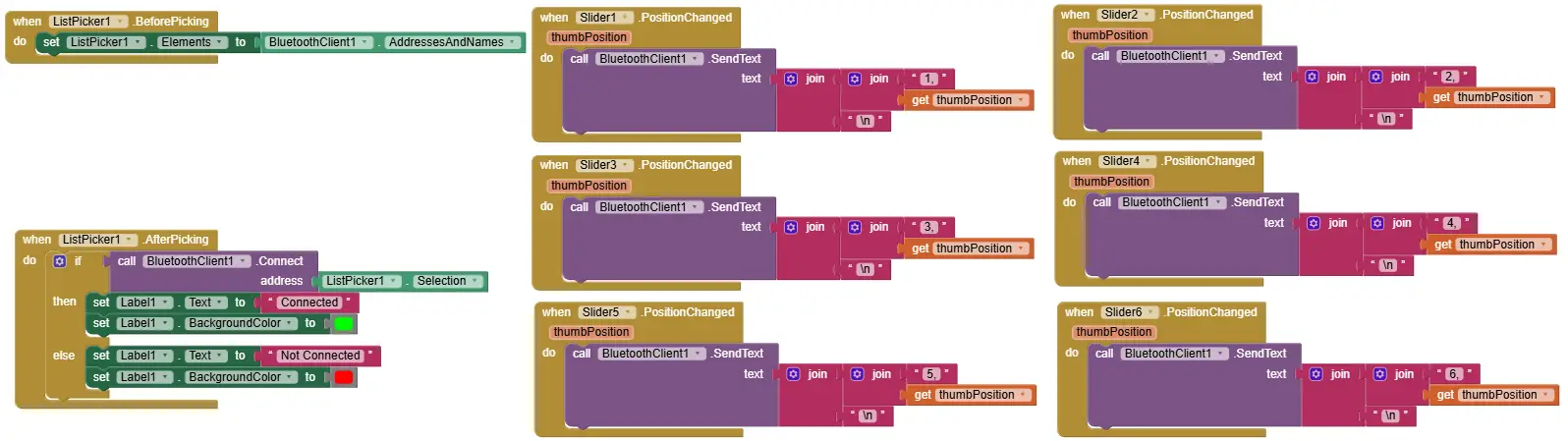 Bluetooth blocks for OmObiArm app showing slider functionality for servo control and Bluetooth connection setup.