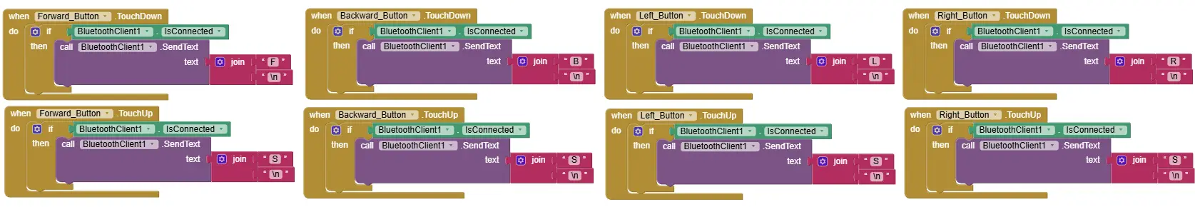 Bluetooth button controls for OmObiArm app managing robot movement commands.