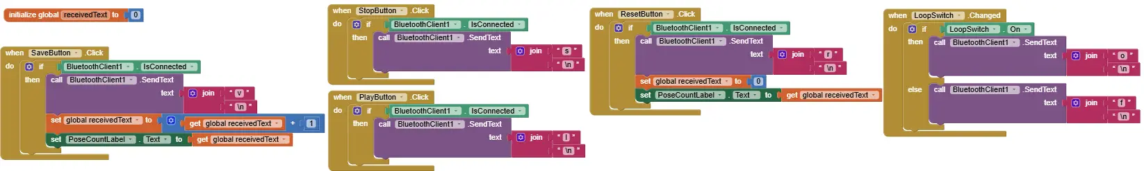 Control logic for managing pose saving, stopping, playing, resetting, and loop mode in OmObiArm app.