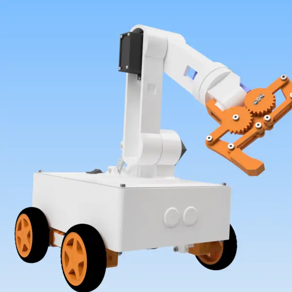 Mobile robot arm OmObiArm with an orange gripper and four wheels on a white chassis, Bluetooth-controlled and designed using Arduino.