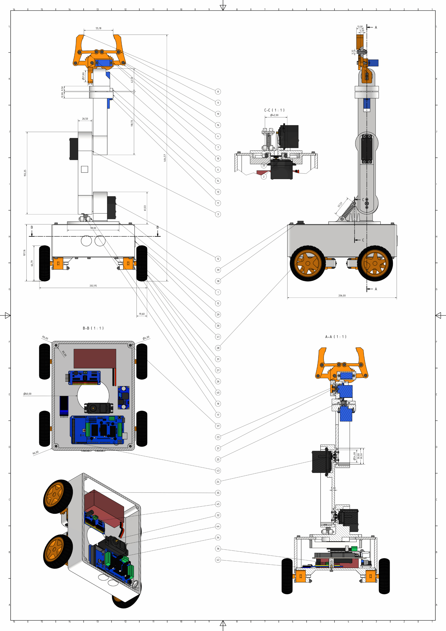 Technical drawing of OmObiArm mobile robot with integrated robotic arm showing dimensions, components, and internal electronics layout