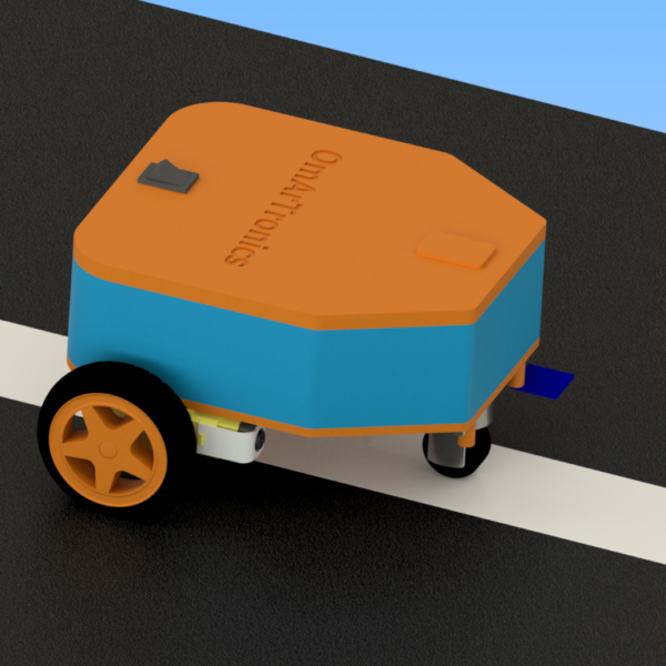 A 3D-rendered line-following robot designed with an orange and blue chassis, featuring OmArTronics branding, two wheels, and a support caster wheel, suitable for DIY robotics projects.