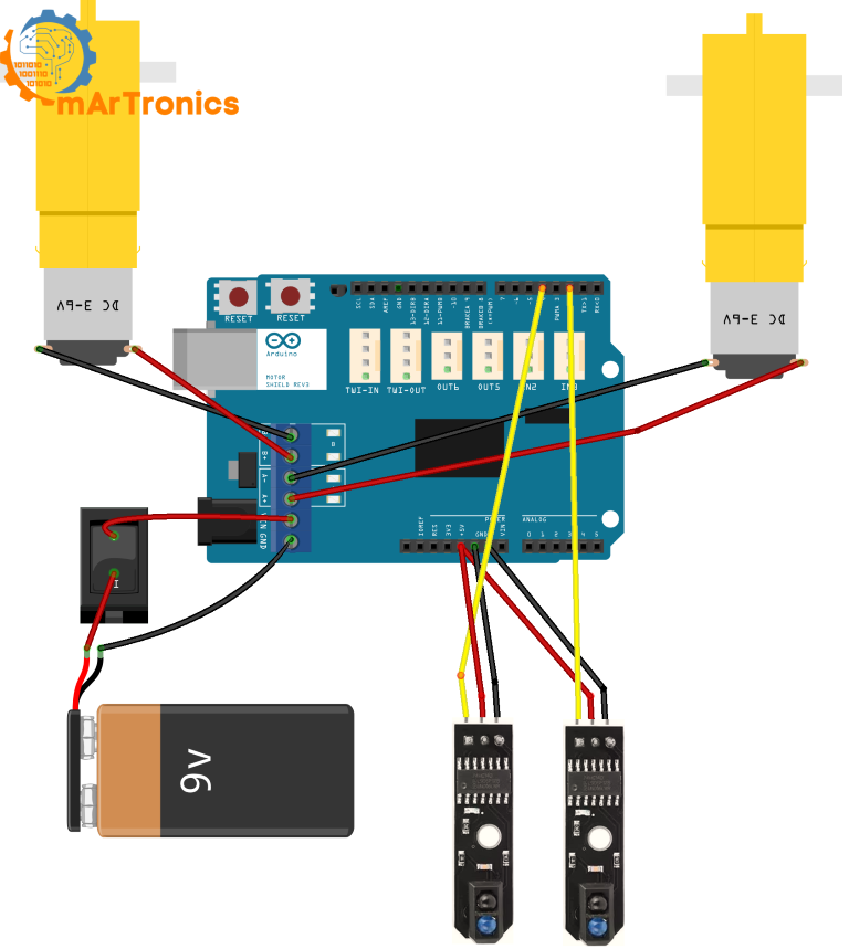 Wiring diagram for a line-following robot using Arduino Uno, motor shield, DC motors, sensors, and a 9V battery