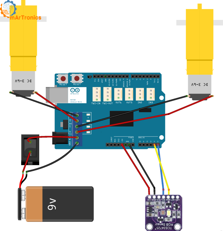 Wiring diagram for a line-following robot using Arduino Uno, motor shield, DC motors, sensors, and a 9V battery.