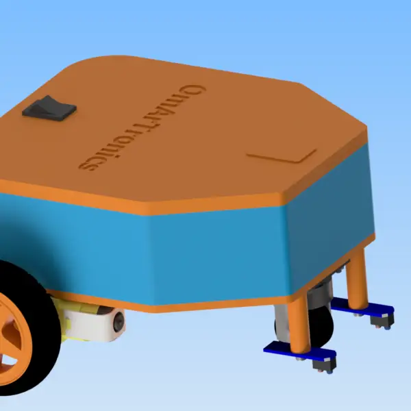 A 3D-rendered line-following robot designed with an orange and blue chassis, featuring OmArTronics branding, two wheels, and a support caster wheel, suitable for DIY robotics projects.