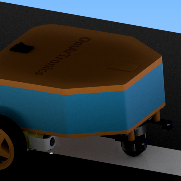 A 3D-rendered line-following robot designed with an orange and blue chassis, featuring OmArTronics branding, two wheels, and a support caster wheel, suitable for DIY robotics projects.