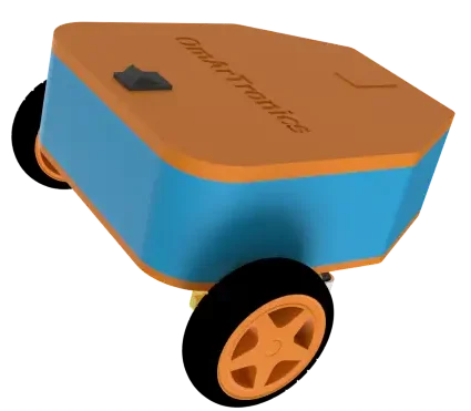 A 3D-rendered line-following robot designed with an orange and blue chassis, featuring OmArTronics branding, two wheels, and a support caster wheel, suitable for DIY robotics projects.