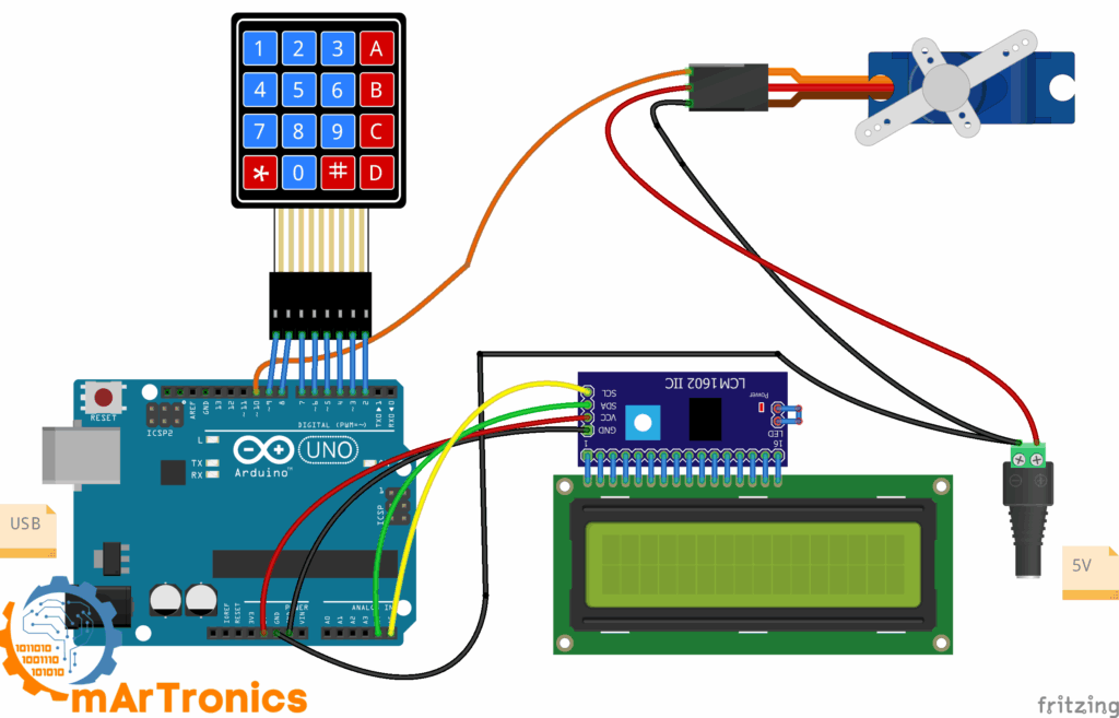 Circuit diagram of Arduino Password Door Lock with keypad, LCD and servo motor