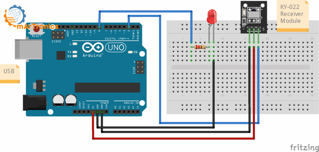 Arduino IR remote LED wiring: KY-022 IR receiver to D2, LED with 220Ω to D8 on Arduino Uno, 5V and GND shared.
