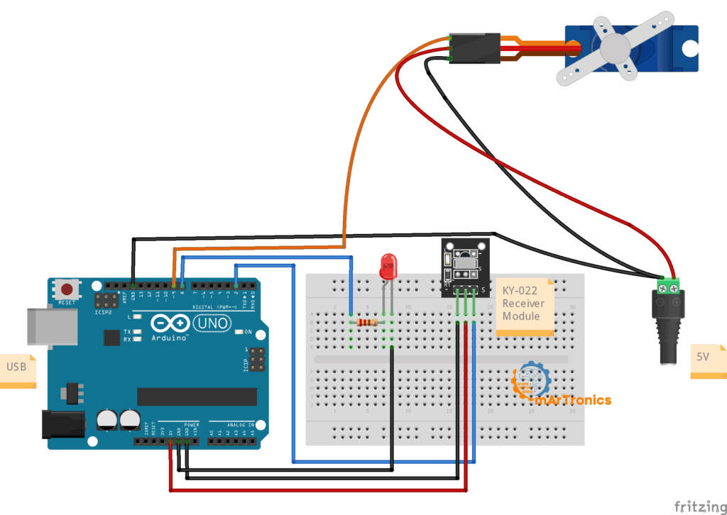 Arduino IR remote LED and servo door wiring: KY-022 on D2, LED on D8, SG90 servo on D9 with external 5V and common ground.
