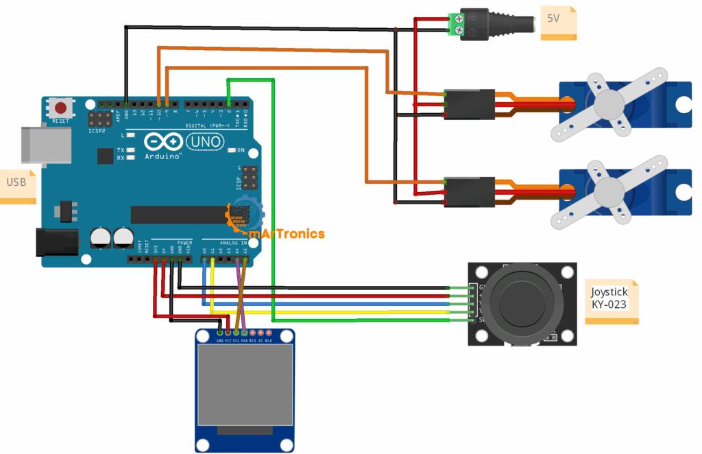 Control a Servo Motor with Joystick and OLED Display wiring diagram