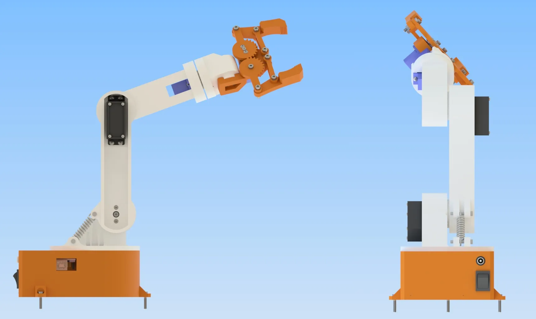OmArm Zero ESP32 robotic arm fully assembled — front and side view