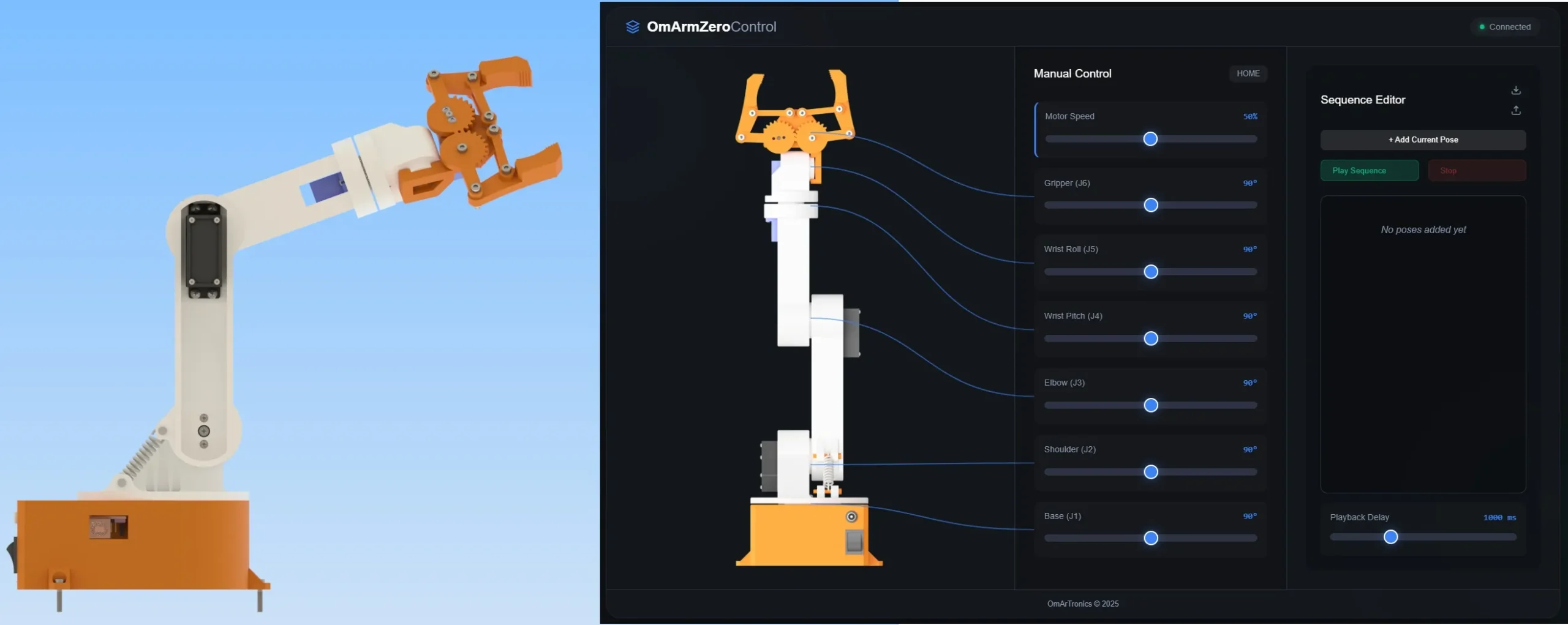 OmArm Zero ESP32 robotic arm with browser-based web control interface