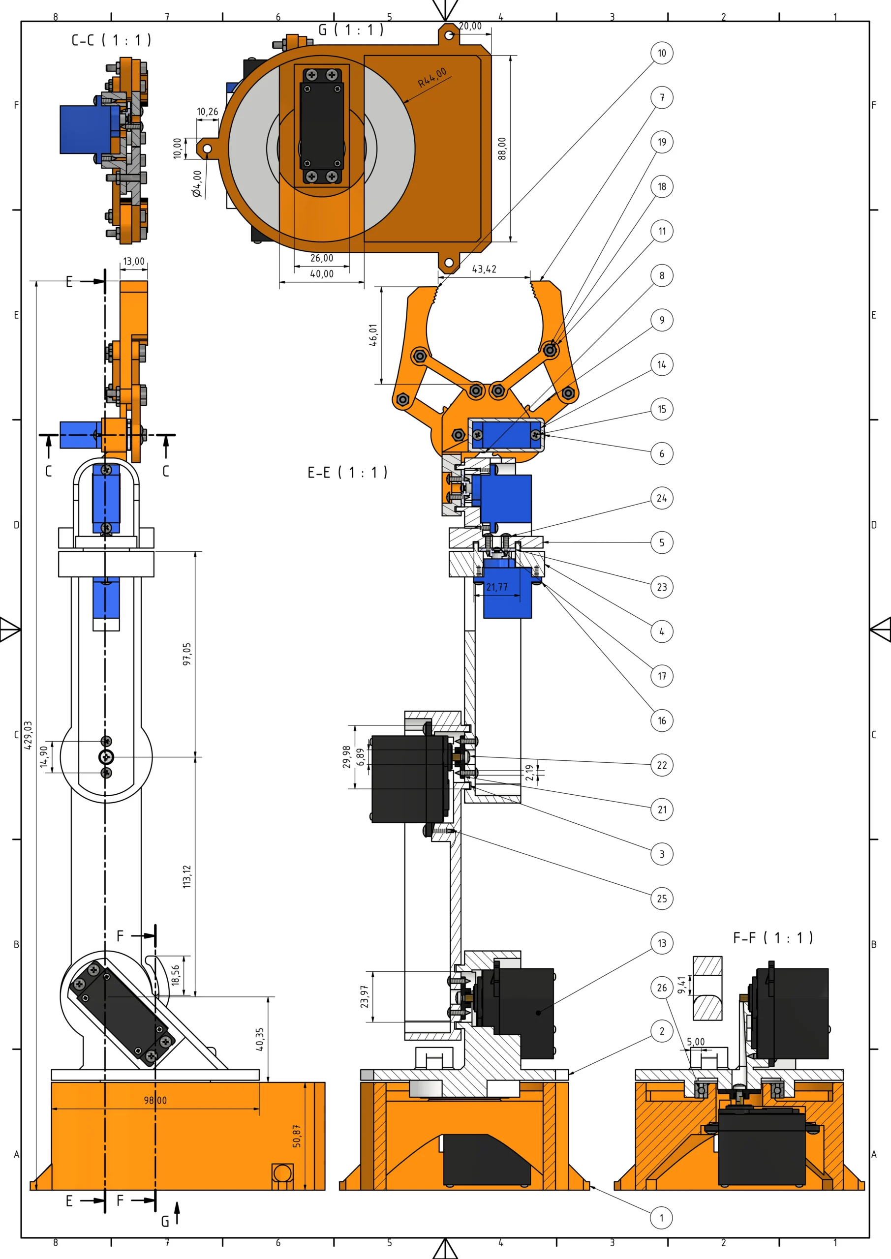 CAD technical drawing with all parts labeled and numbered