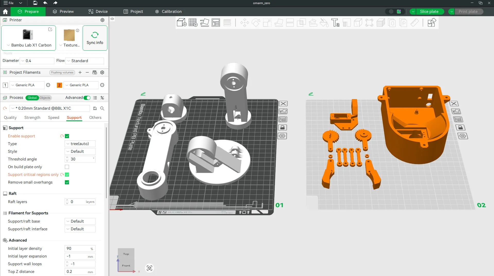 All 16 printed PLA parts laid out before assembly