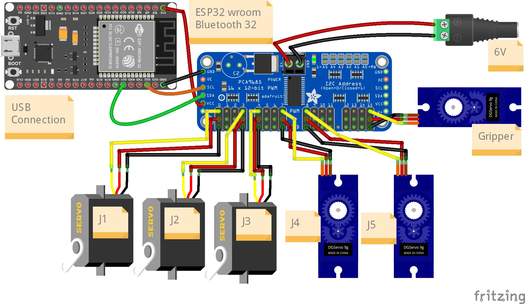 Fritzing wiring diagram — ESP32, PCA9685, 6 servos, barrel jack