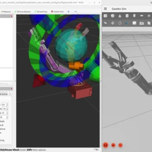 OmArm Zero robot arm visualized in RViz 2 and Gazebo Harmonic side by side