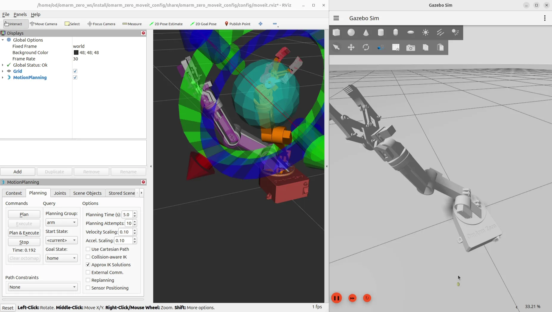 ROS 2 URDF tutorial: OmArm Zero robot arm in RViz and Gazebo side by side