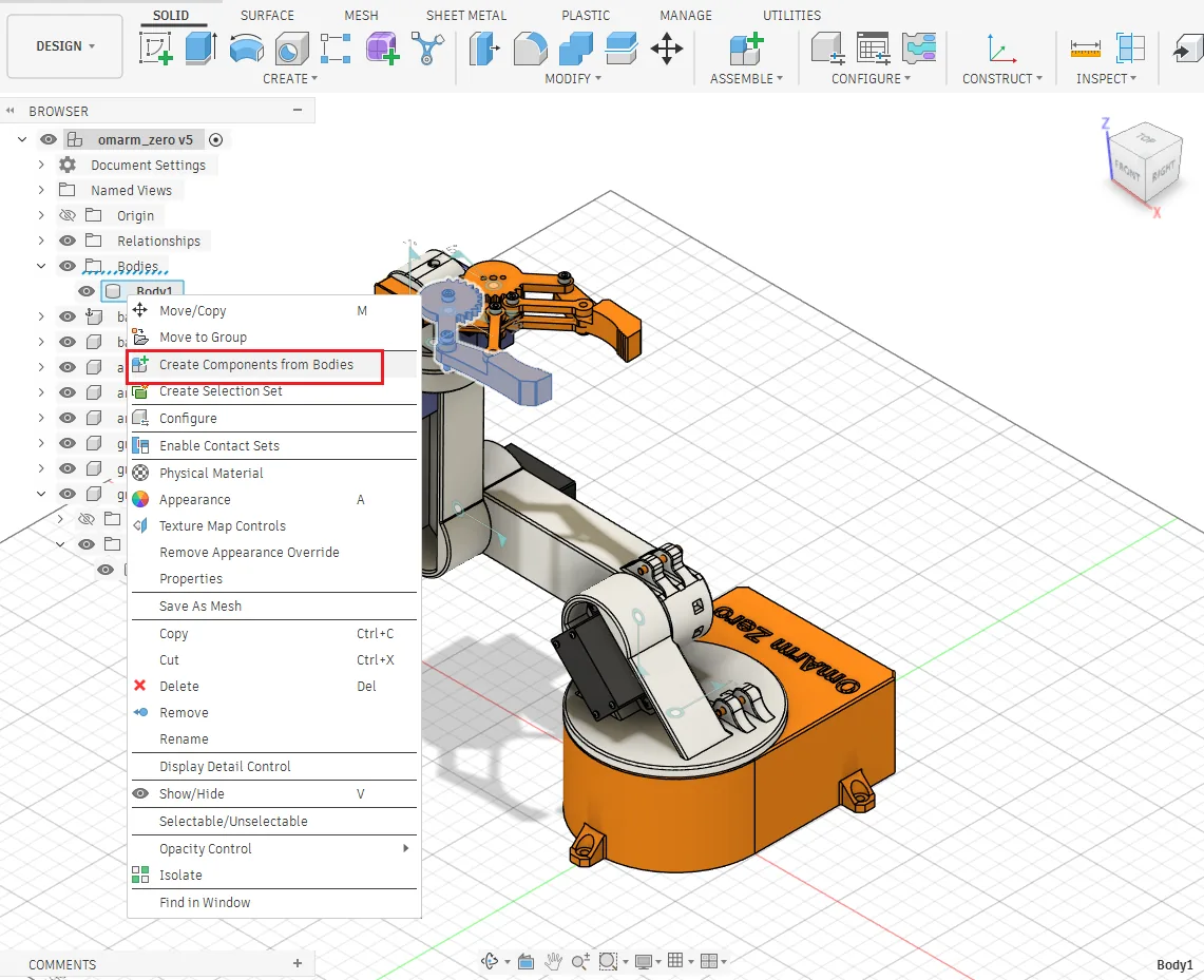 Fusion 360 browser tree with all OmArm Zero components listed individually