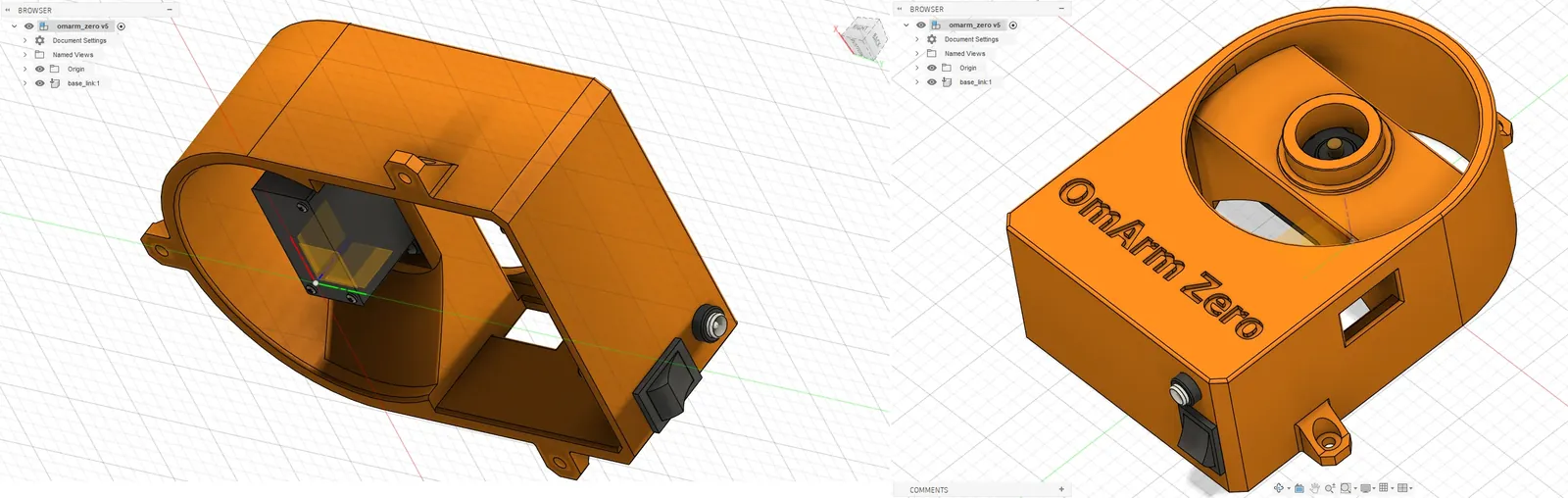 OmArm Zero coordinate system in Fusion 360, Z axis pointing up through the base joint