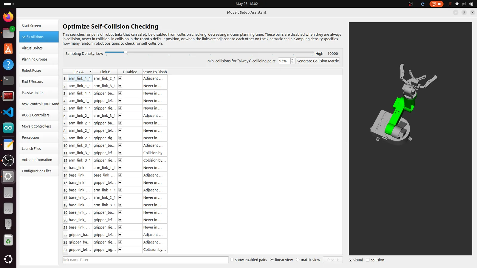 Setup Assistant self-collision matrix