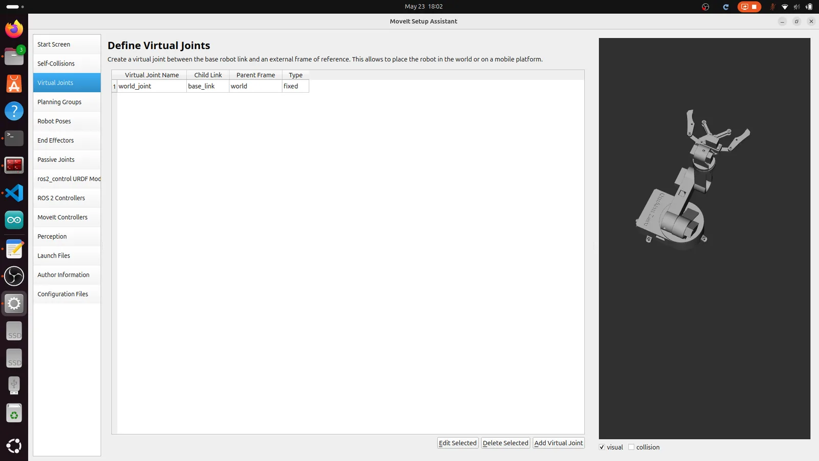 Setup Assistant virtual joint configuration