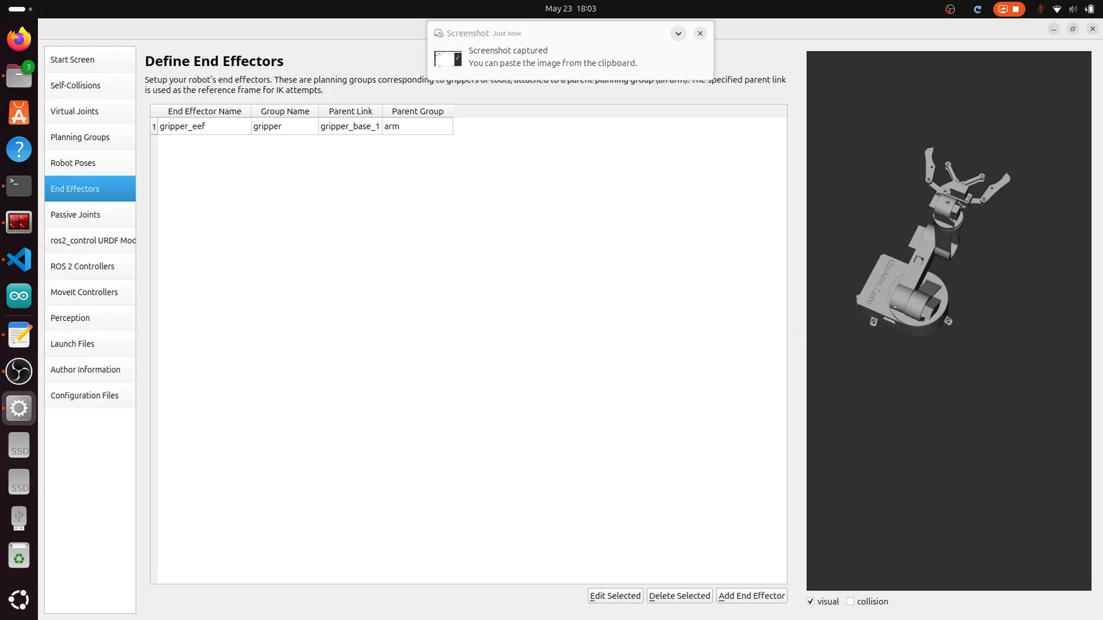 Setup Assistant end effector configuration