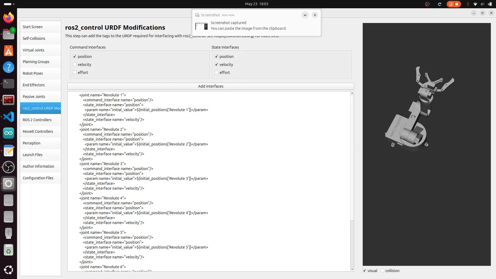 Setup Assistant ros2_control URDF modifications