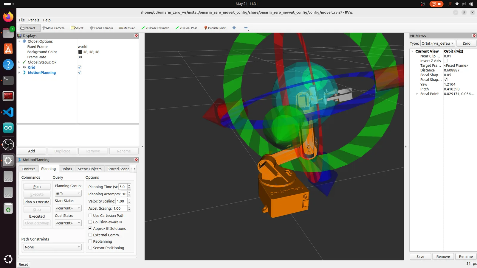 MoveIt demo launch in RViz with motion planning panel