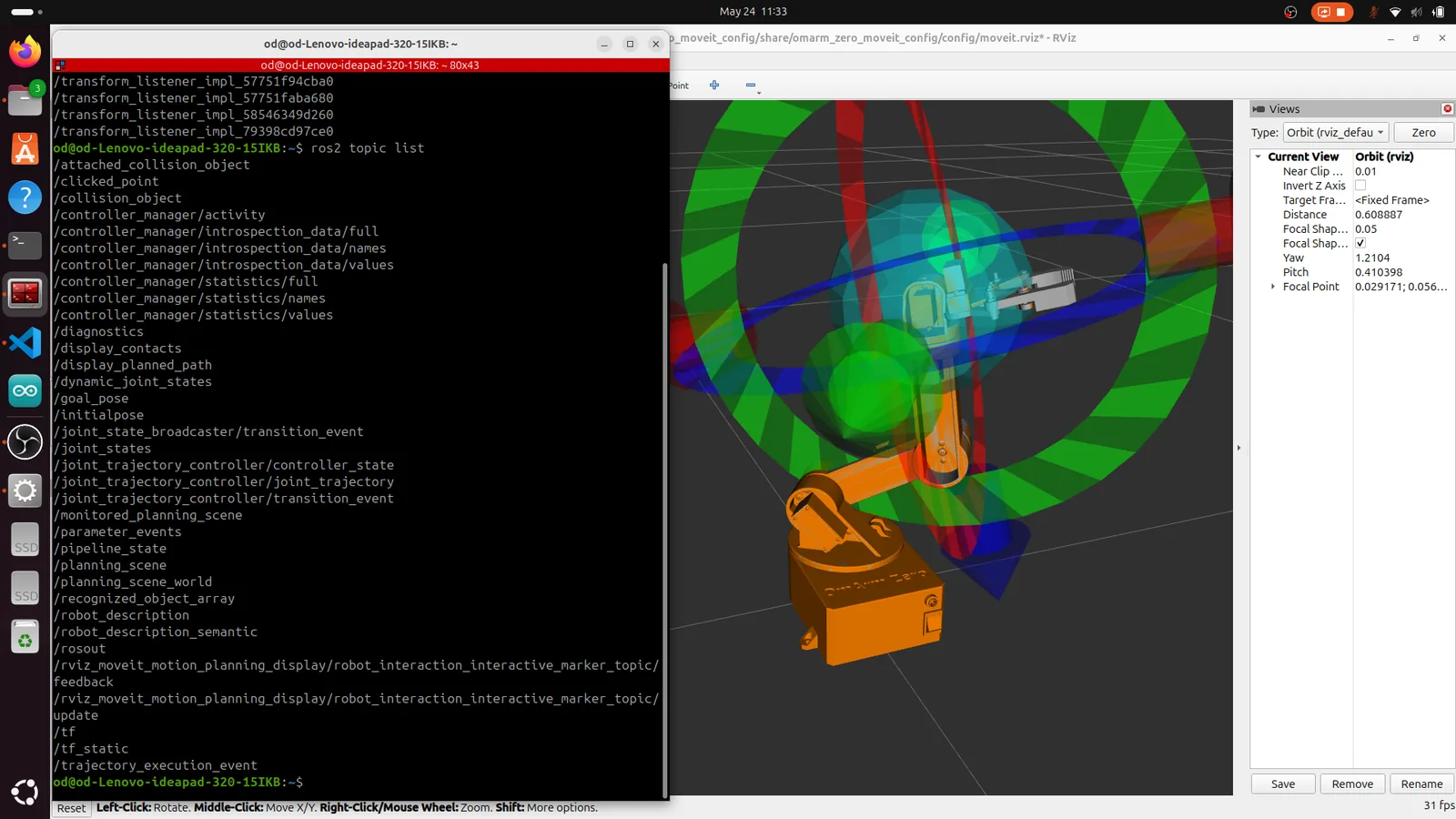 RViz showing executed trajectory alongside terminal with active ROS 2 topic list