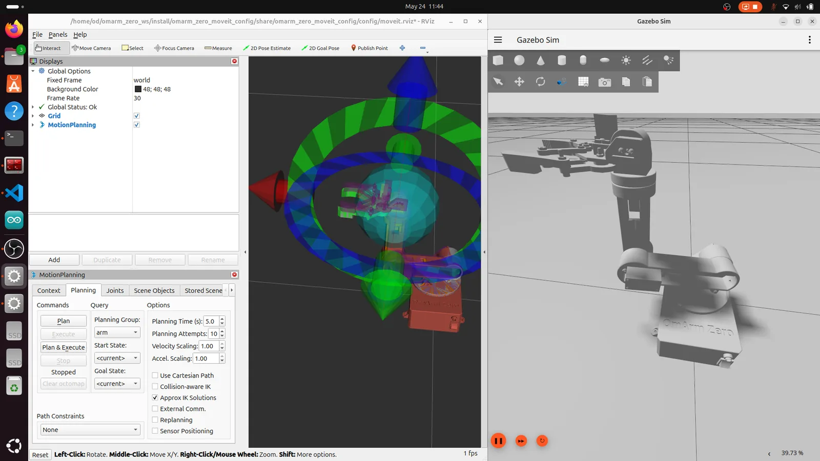 MoveIt with Gazebo simulation, arm in both windows
