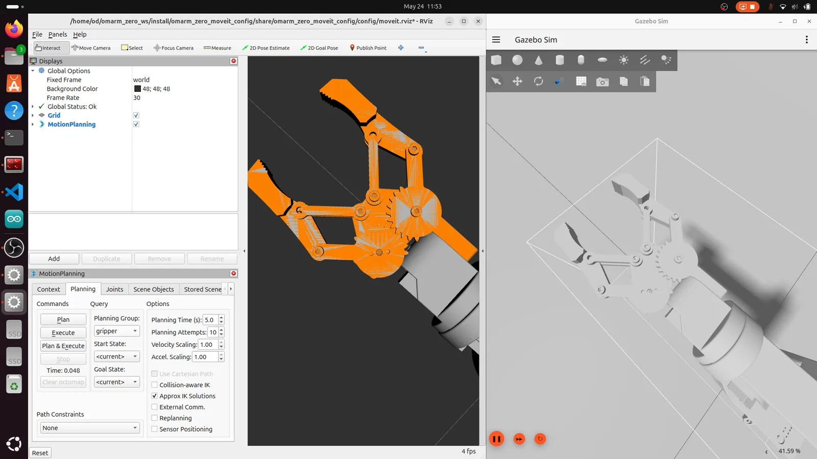 RViz and Gazebo gripper close-up view
