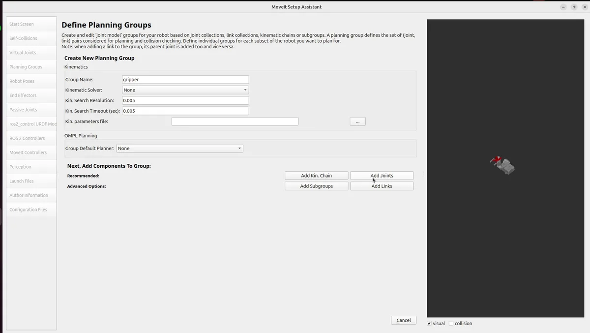 Setup Assistant planning group for gripper