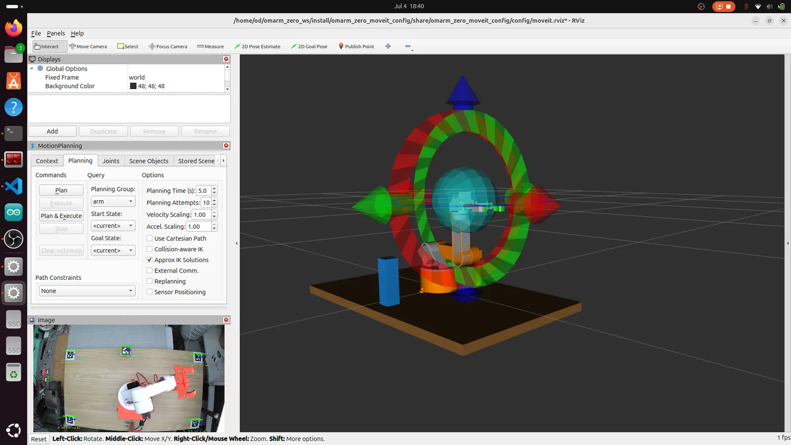 RViz showing table, cube, and camera feed