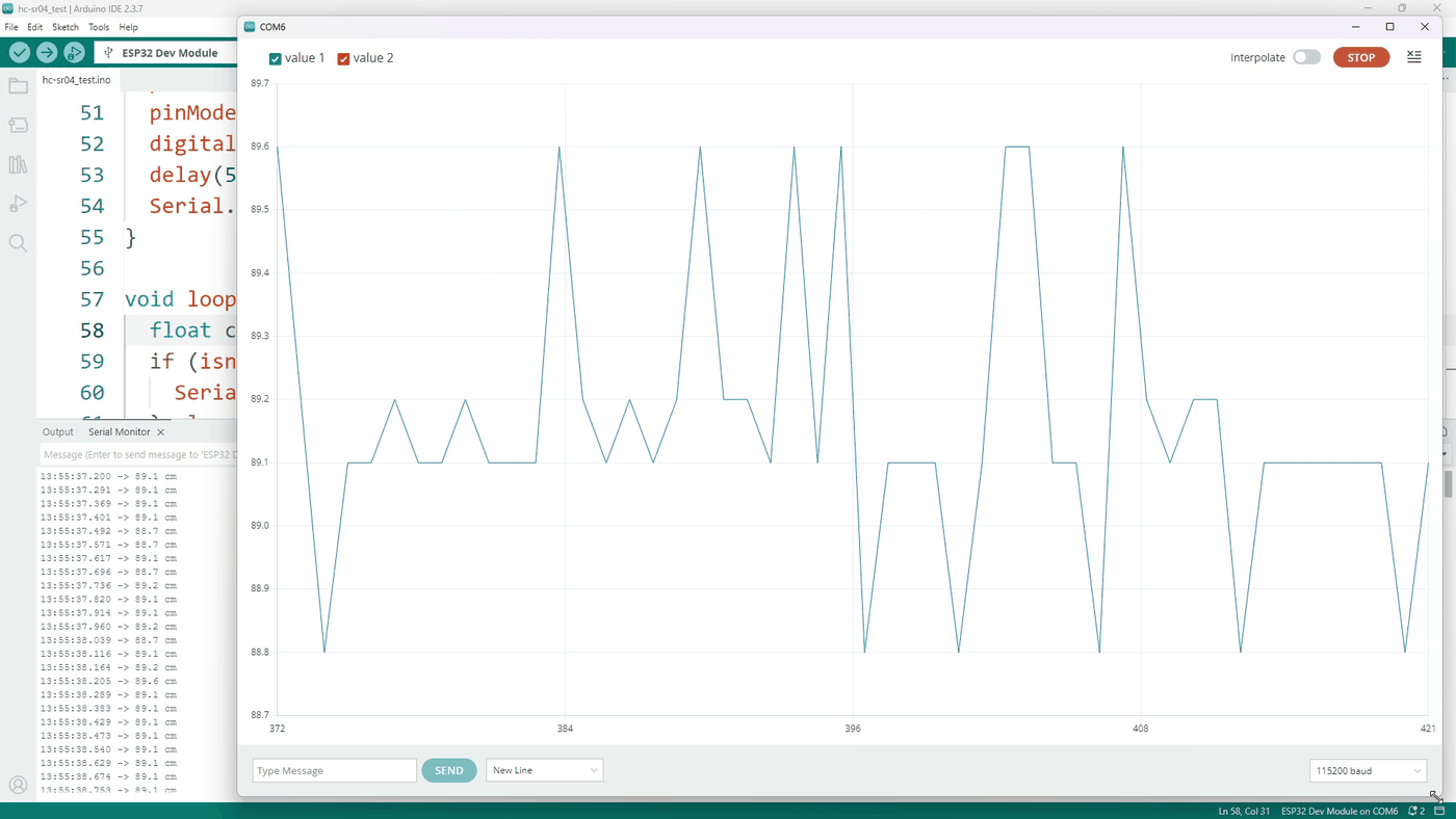 Serial Monitor and Serial Plotter side by side, a stationary target at 89 cm