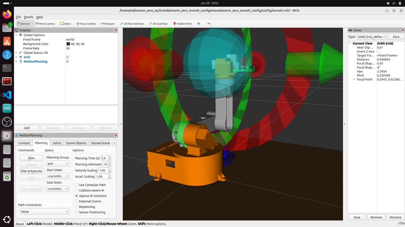 RViz showing MoveIt IK planning for the grasp