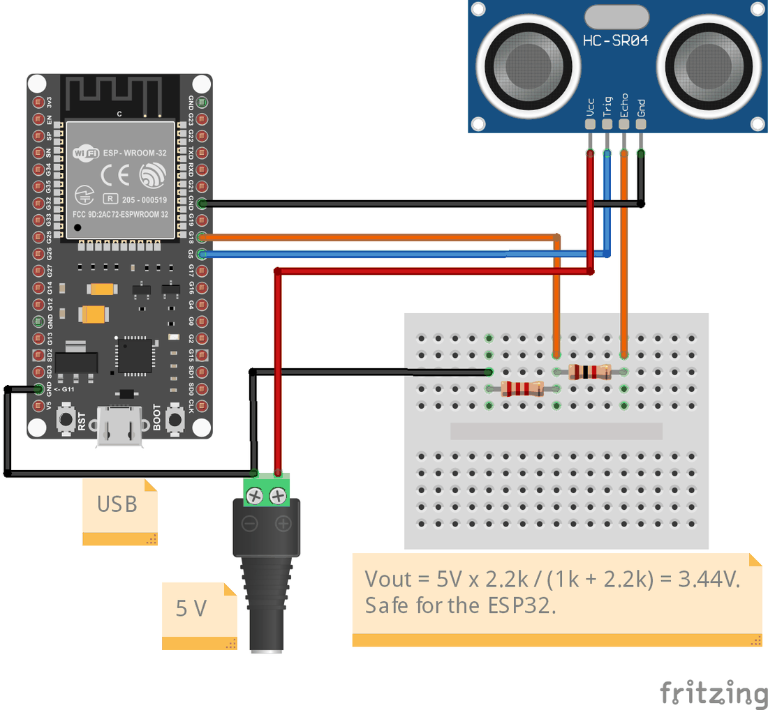 Fritzing breadboard view: HC-SR04 to ESP32 with the 1k / 2.2k Echo divider on a mini breadboard
