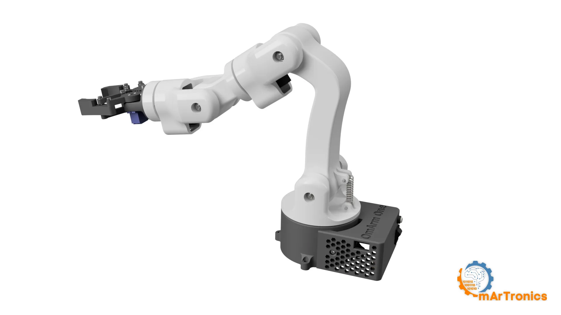 The complete OmArm One assembly, rendered from the CAD in a half-extended pose