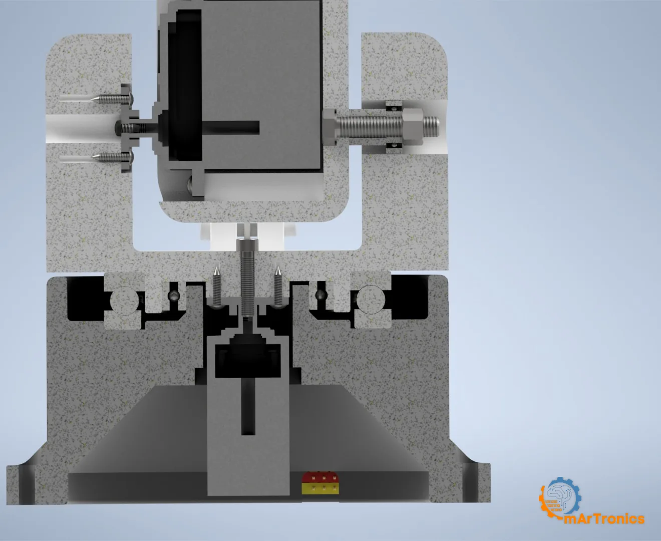 Section through the base: J1 servo, both bearings, the rotating platform and the shoulder fork above it