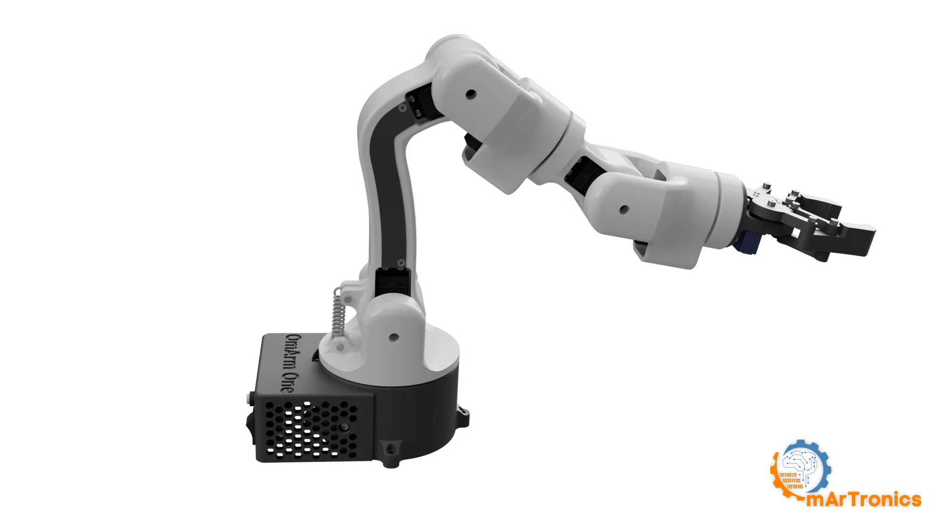 The arm seen from the front, folded up against its own stops