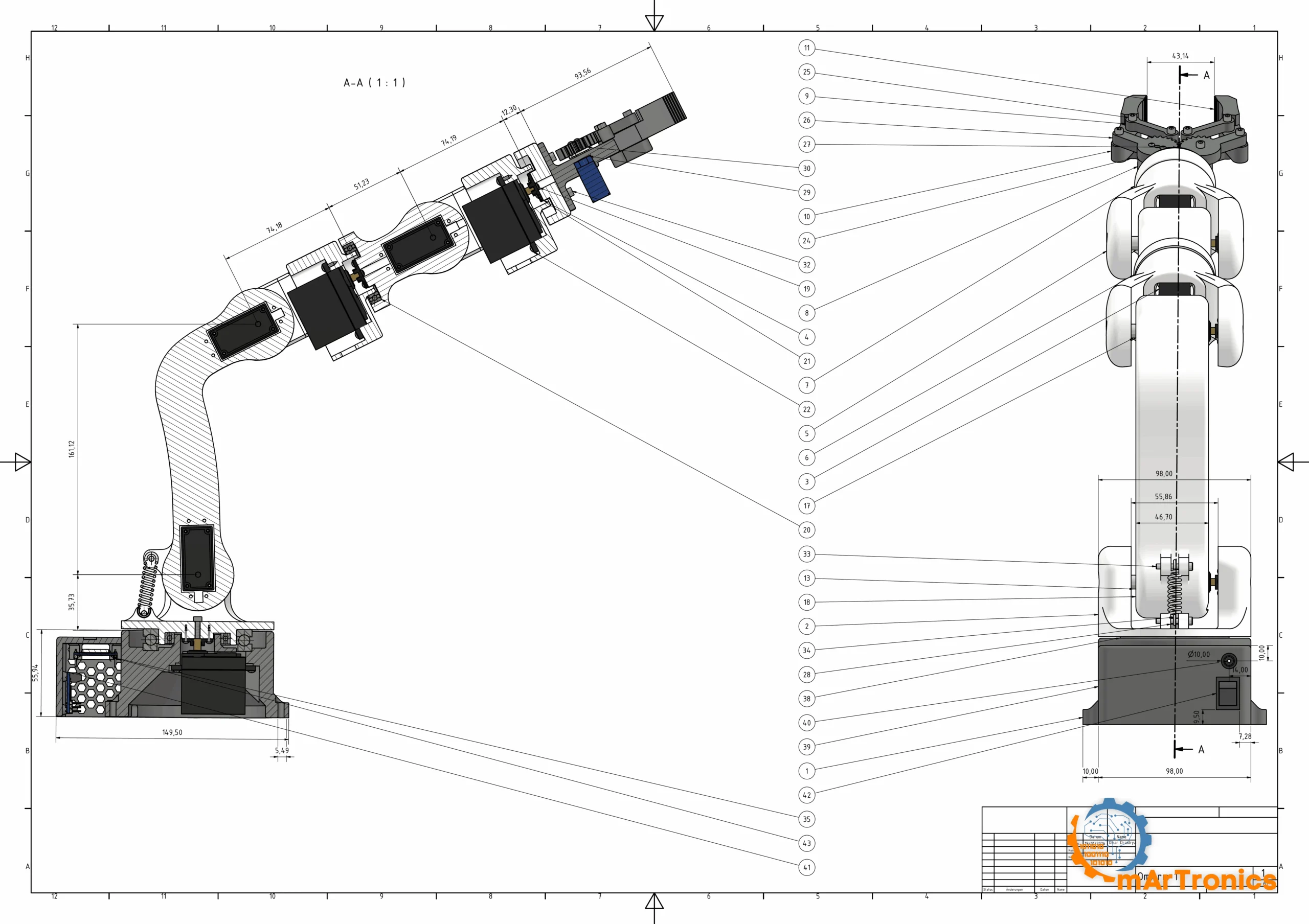 Assembly drawing of the arm, section A-A and front view, with numbered balloons pointing at every part