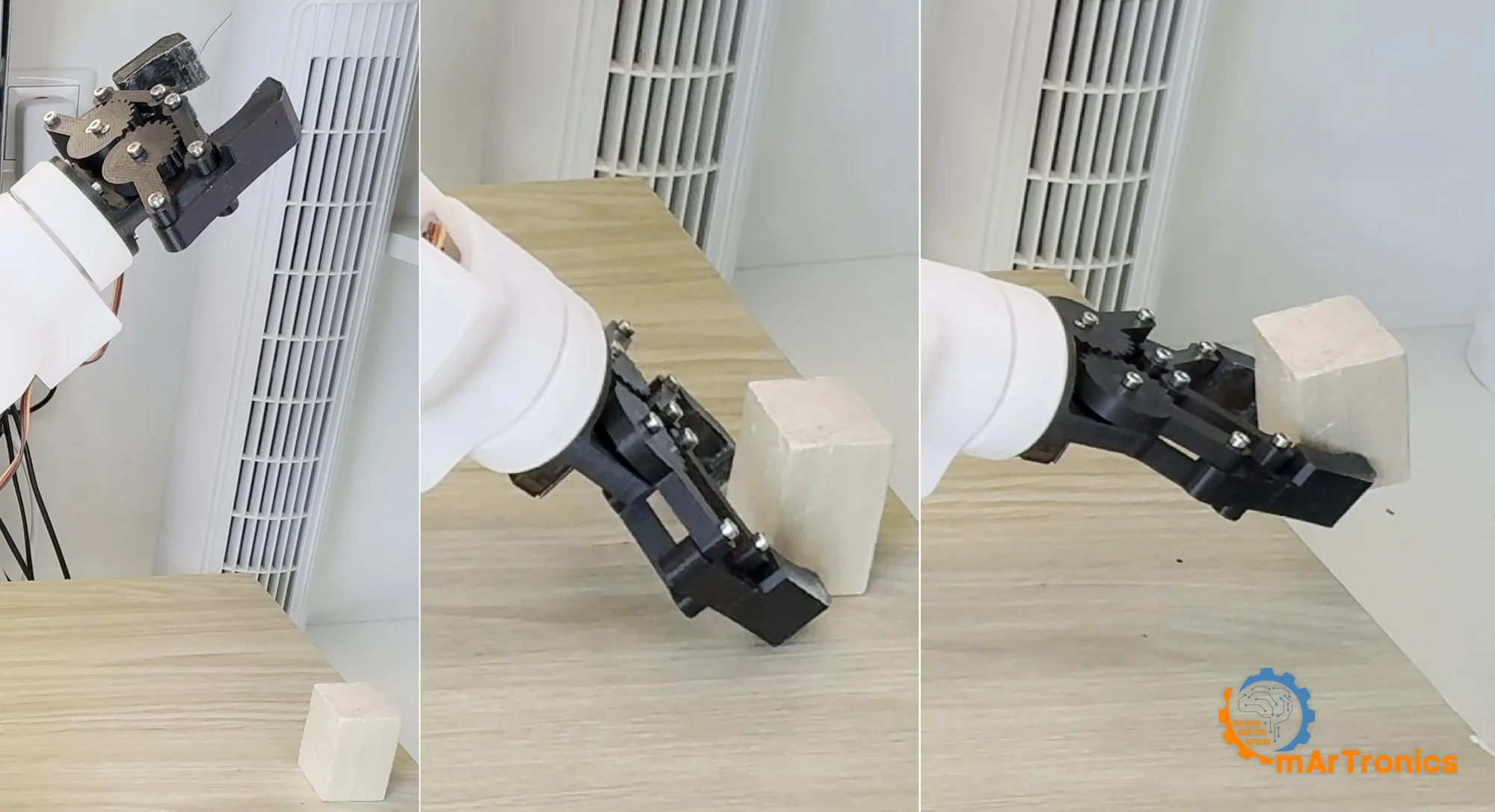 The gripper approaching, closing on and lifting a wooden block