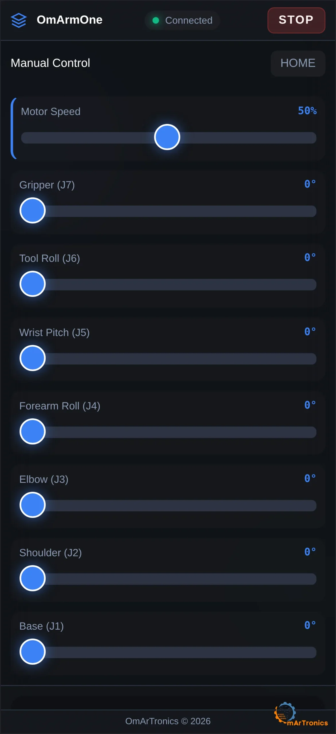 The control interface at phone width, sliders stacked under the arm diagram