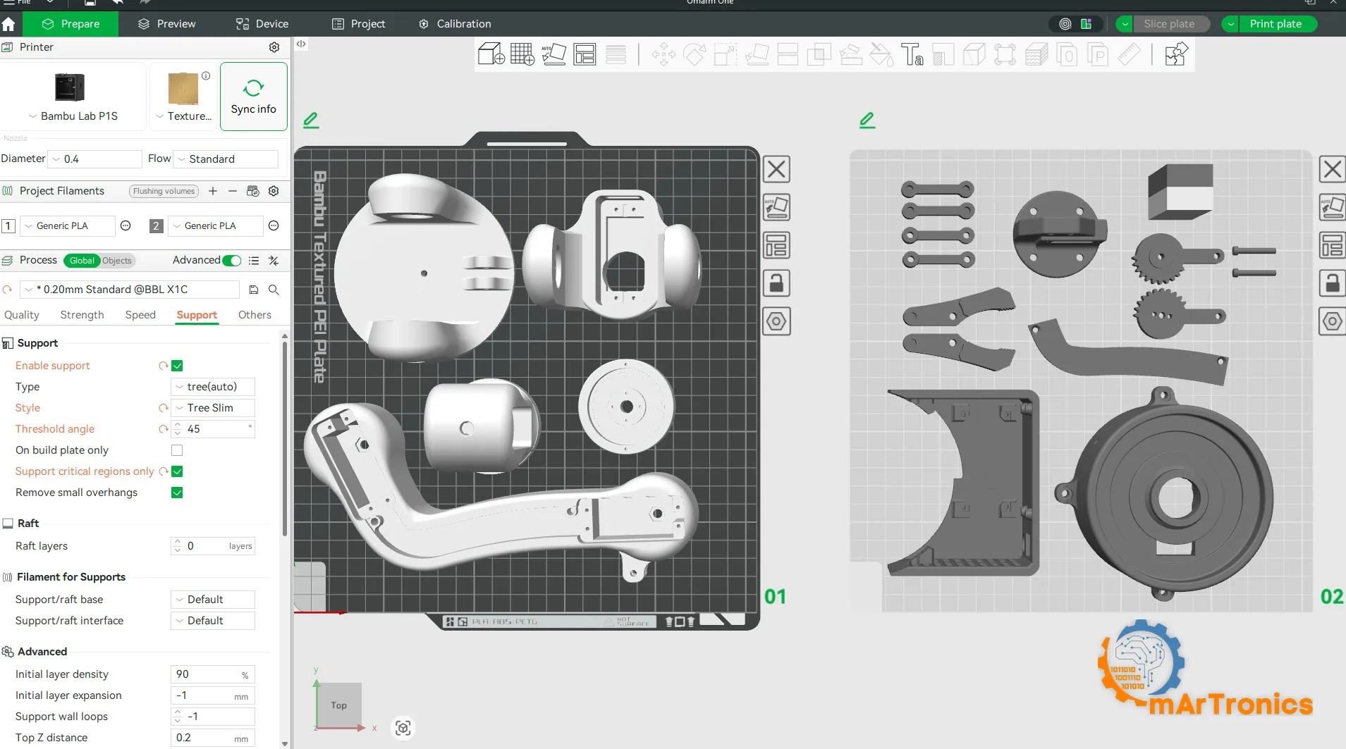 Both print plates in Bambu Studio with the support settings open